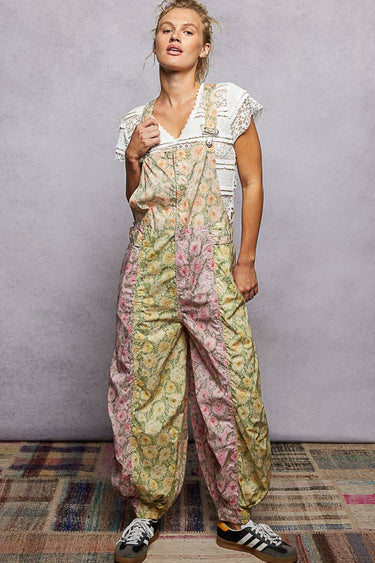 Boho Floral Print  Woven Front Zip Overall
