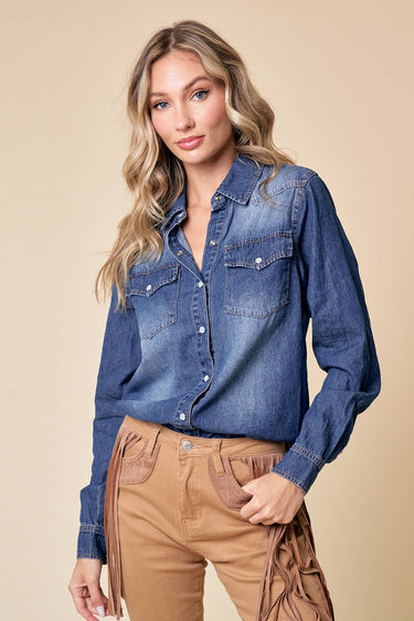 Josephine Dark Pearl Snap Denim Shirt