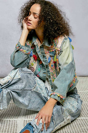 Madeleine Floral Embroidery Lace Trim Tassel Denim Jacket