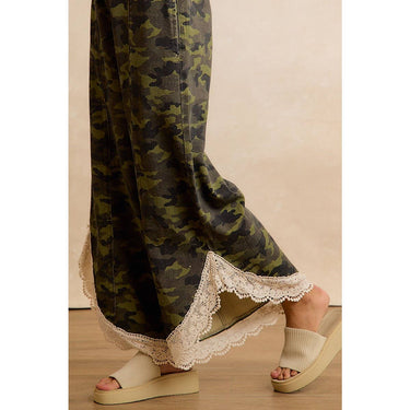 MACEY CAMO PRINT LACE HEM WIDE LEG PANTS