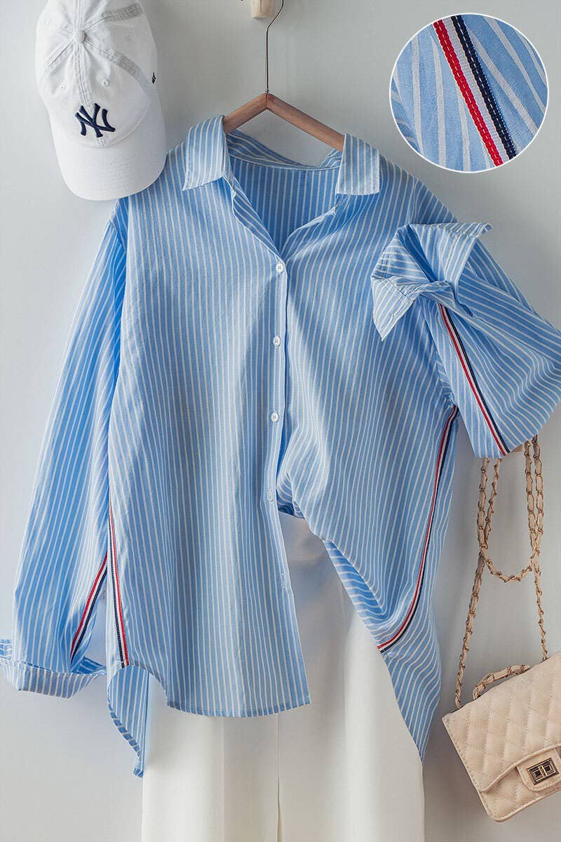 Leona Button Down Oversized Shirt with Twill Tape Stripe