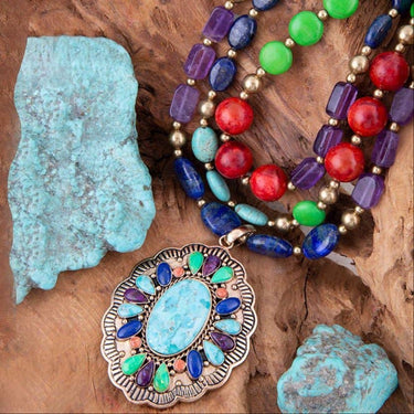 Concho Colorful Blue Turquoise Golden Statement Necklace