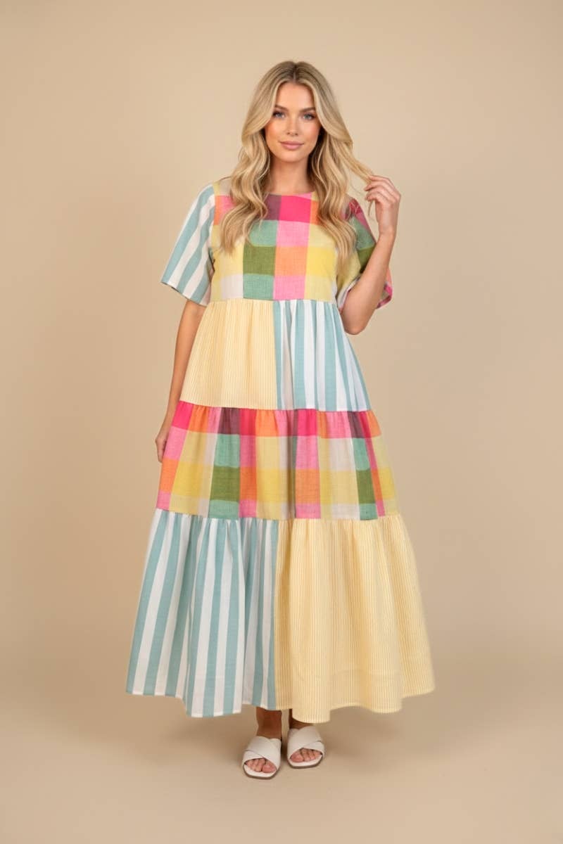 Addie Preppy Plaid Color Block Maxi Dress M