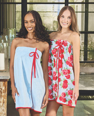 Spa Wrap - Blue Gingham + Red Roses with Red  Bow