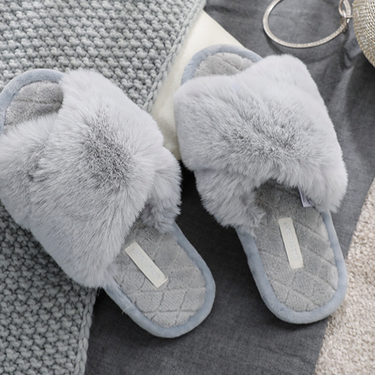 Fluffy Criss Cross Slippers-Gray