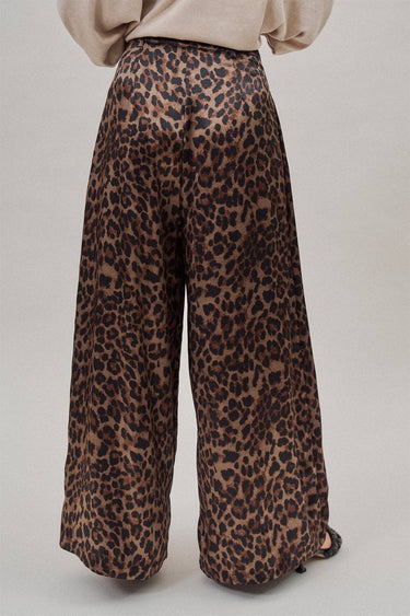 Leopard Print Satin Pleated Wide Leg Trousers