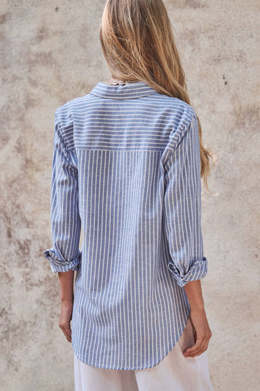 Amelie Coastal Striped Linen-Blend Button Down Shirt
