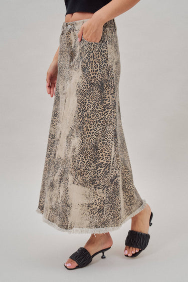Kaley Washed Leopard Print Denim Maxi Skirt