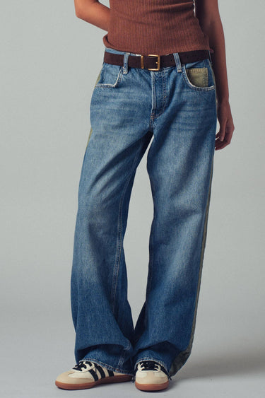 Delia Wide-Leg Utility Stripe Denim Jeans