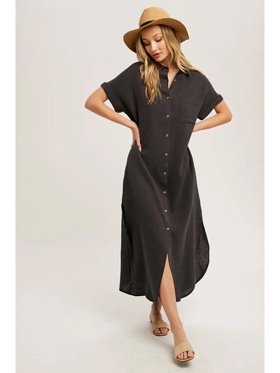 Beatrice Button Up Shirt Dress - Black