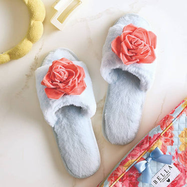 Blue + Coral Velvet Rosette Slippers