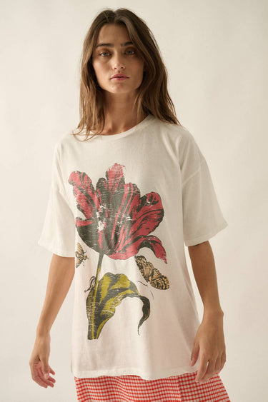 Floral Vintage-Style Garment-Washed Oversize Graphic Tee