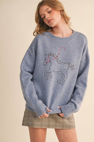 HORSE EMBROIDERY PULLOVER SWEATER