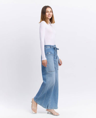 CARMEN HIGH RISE ELASTIC TIE WAISTBAND BAGGY WIDE JEANS