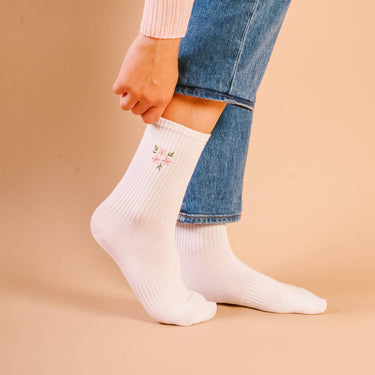 Embroidered Crew Socks-Floral Pink
