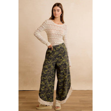 MACEY CAMO PRINT LACE HEM WIDE LEG PANTS