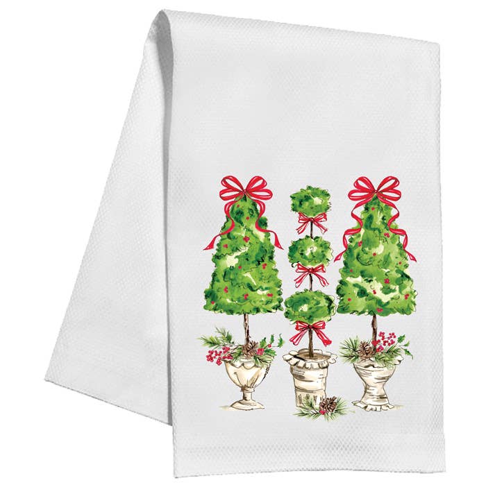 Christmas Topiaries with Red Bows Kitchen Towel