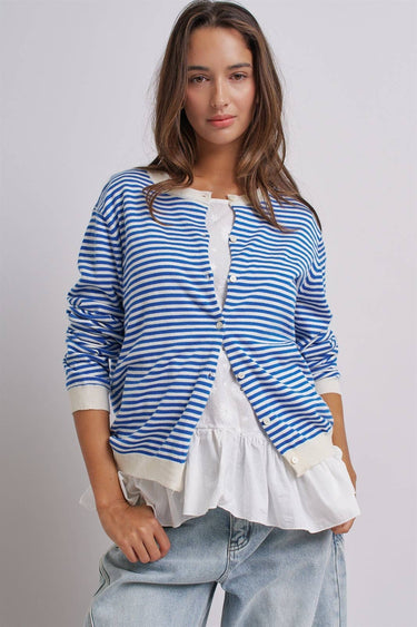 Breton Striped Knit Button Front Cardigan
