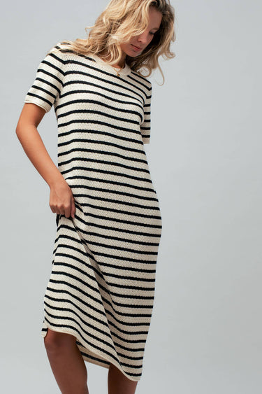 Brinley Striped Crochet Knit Short Sleeve Midi Dress