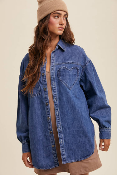 Belle Heart Detail Oversized Denim Shirt