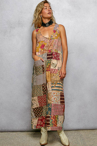 V-neck Sleeveless Varied Patchwork Dual Patch Pocket Overall (each piece unique)