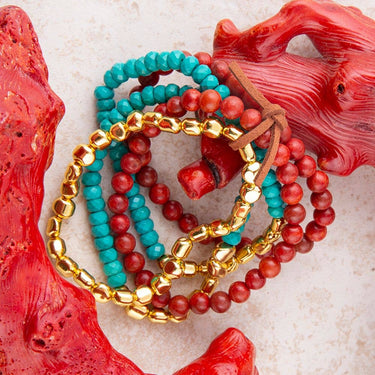 Mesa Blue Magnesite and Red Coral Golden Bracelet Set