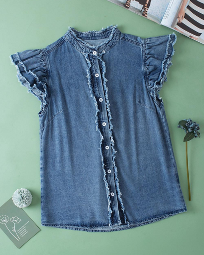 Alessandra Ruffle Flutter Fray Denim Blouse