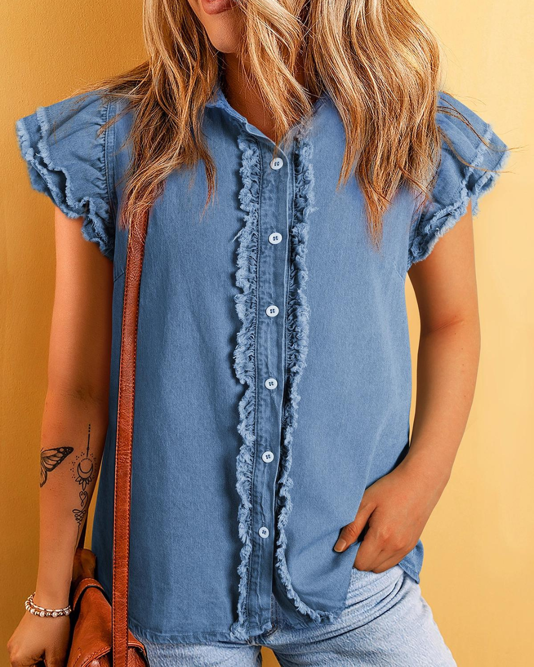 Alessandra Ruffle Flutter Fray Denim Blouse