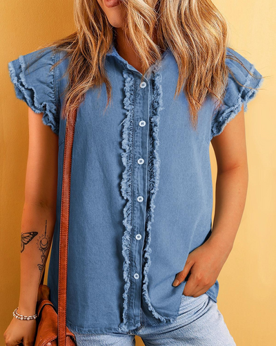 Alessandra Ruffle Flutter Fray Denim Blouse