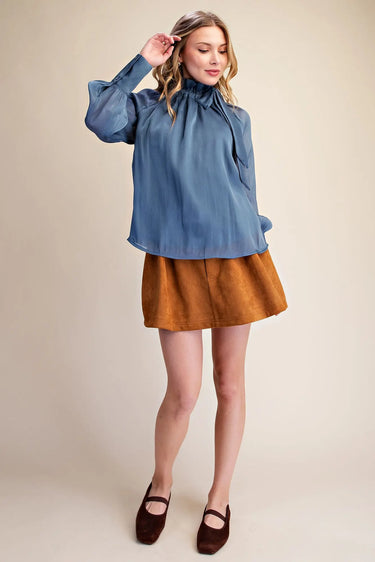 Angelica Slate Tie-Neck Blouse