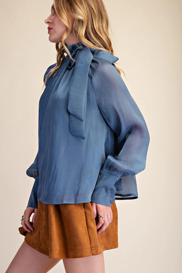Angelica Slate Tie-Neck Blouse