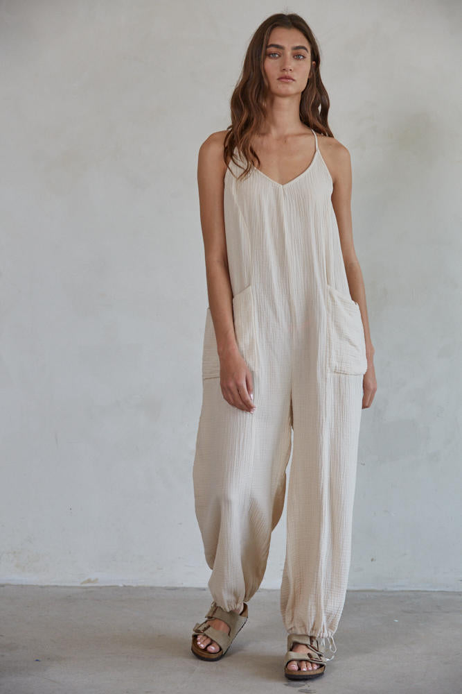 Ayla Cotton Gauze V-Neck Spaghetti Strap Jumpsuit