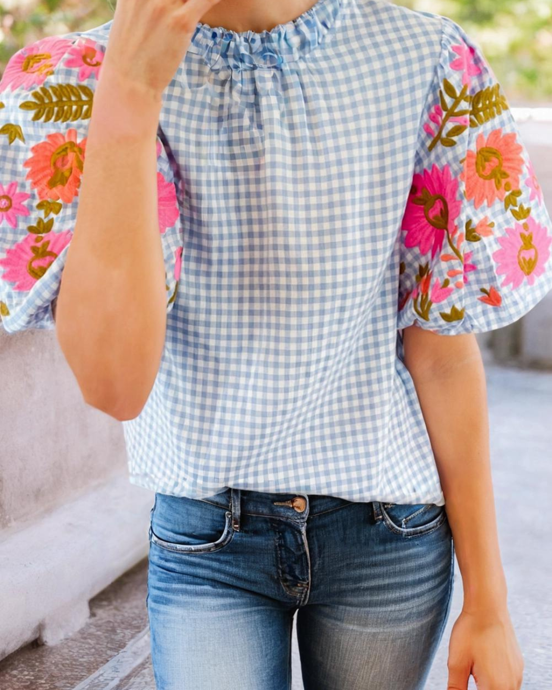 Bianca Gingham Embroidered Puff Sleeve Blouse