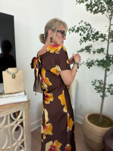 Carolyn Cowl Neck Floral Print Midi with Bow Back Detail