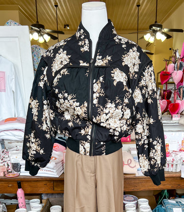 Floral Print Pleated Bomber Jacket