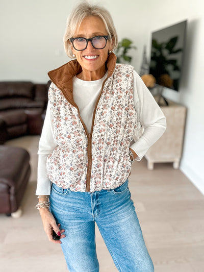 The Samantha Reversible Brown Corduroy/Floral Puffer Vest