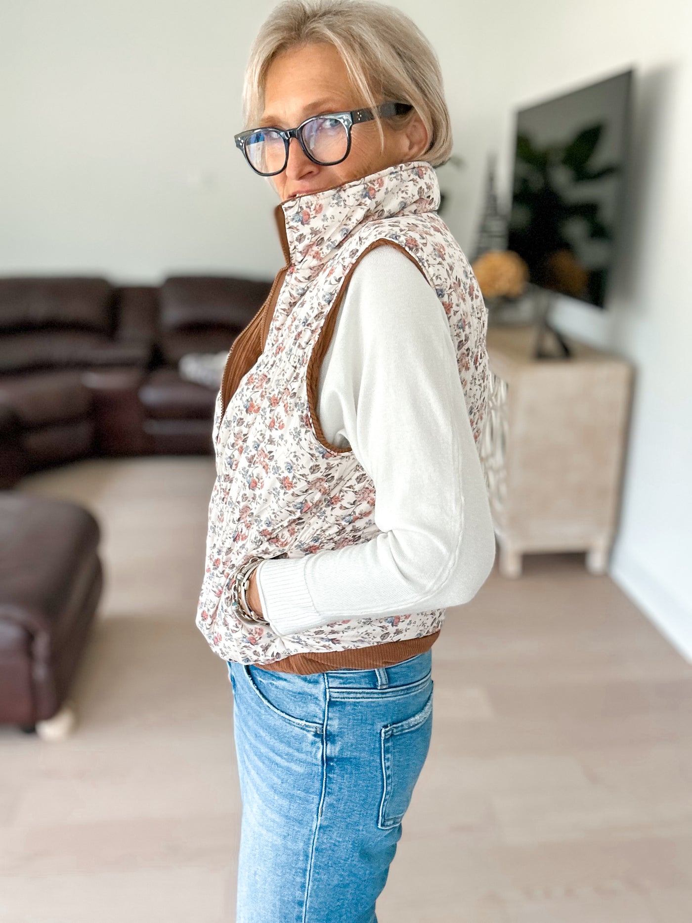 The Samantha Reversible Brown Corduroy/Floral Puffer Vest