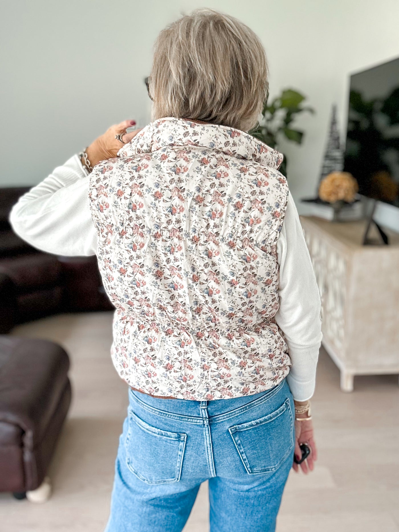 The Samantha Reversible Brown Corduroy/Floral Puffer Vest