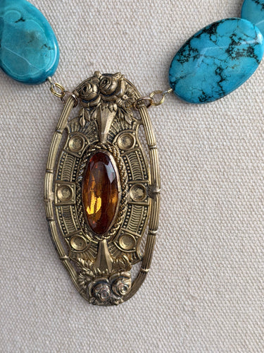 1800s Brooch/ 1970s Turquoise Necklace