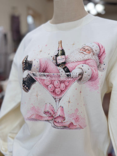 Pink Champagne Santa Rhinestone Graphic Christmas Sweatshirt