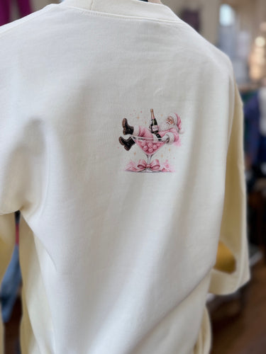 Pink Champagne Santa Rhinestone Graphic Christmas Sweatshirt