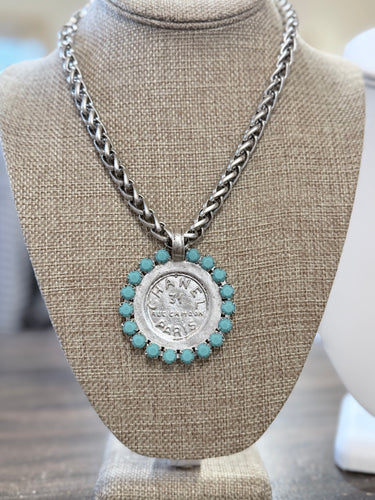 Gabrielle Yochi Gold Parisian Coin Turquoise Crystal Wheat Chain Necklace