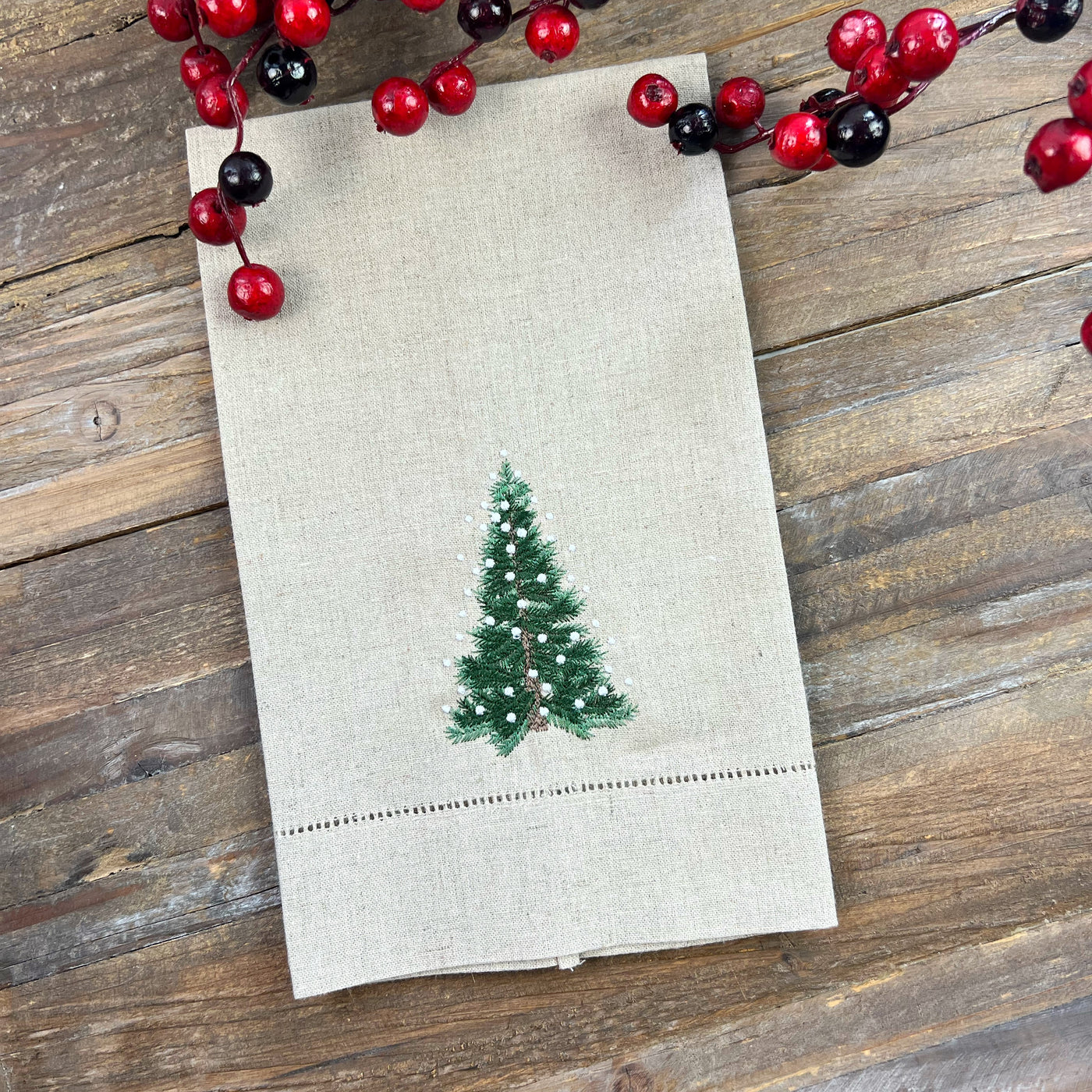 Embroidered Christmas Tree Hemstitched Guest Towel