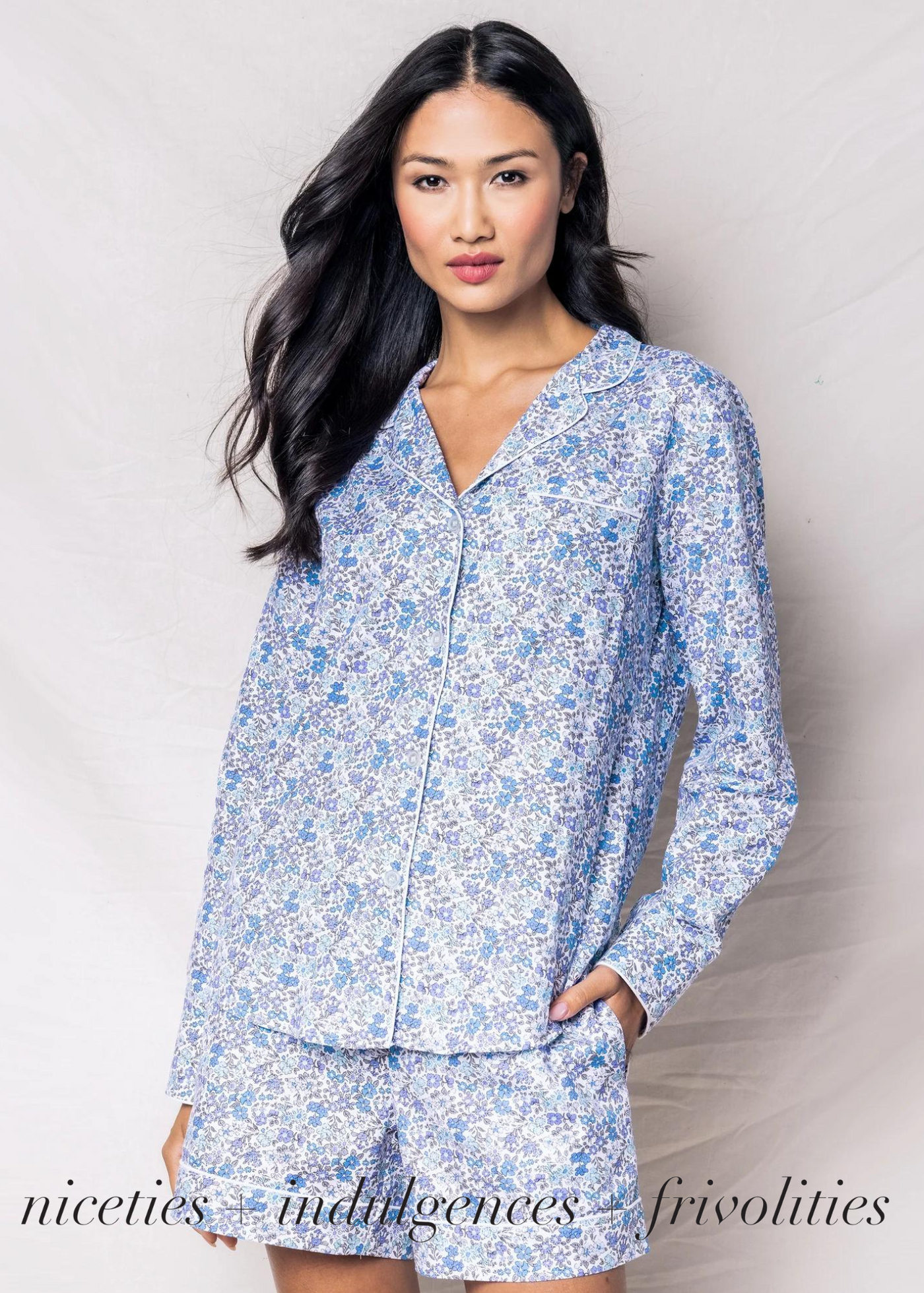 Women's Twill Pajama Long Sleeve Short Set in Fleur D'Azur