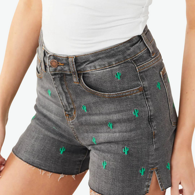 Lucille Cactus Embroidery Cutoff Shorts