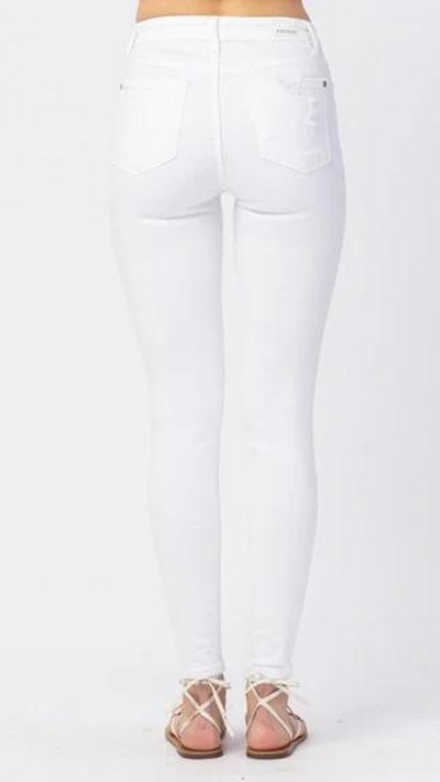 Chrissy Destroyed Mid-Rise Skinny Jean- White