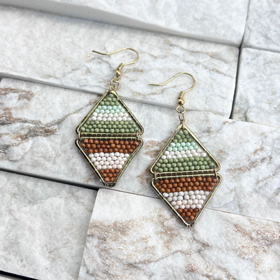 Seedbead Earring – Sage and Brown Layered Triangles