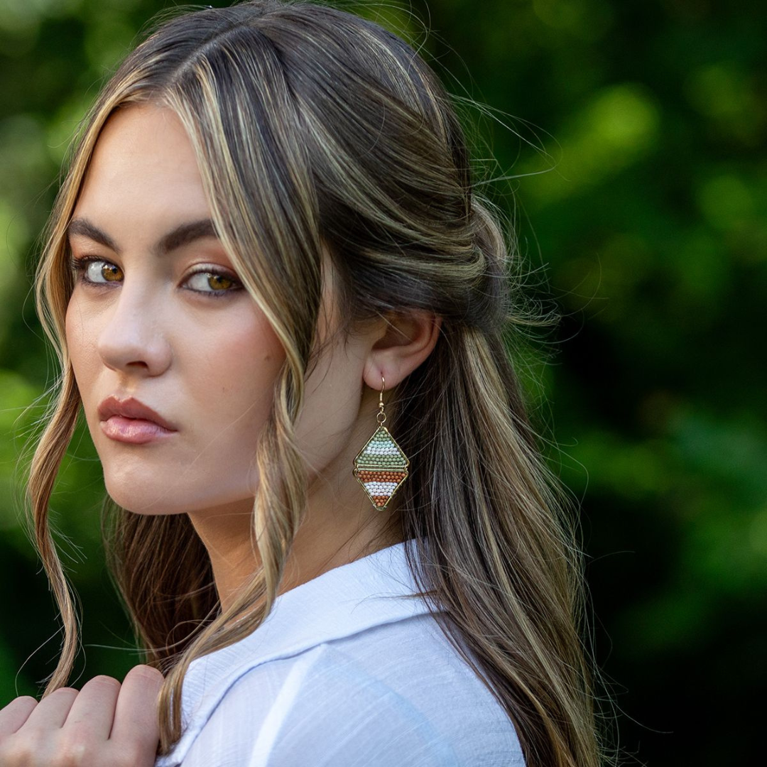 Seedbead Earring – Sage and Brown Layered Triangles