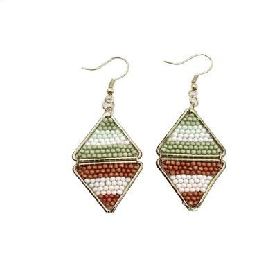 Seedbead Earring – Sage and Brown Layered Triangles