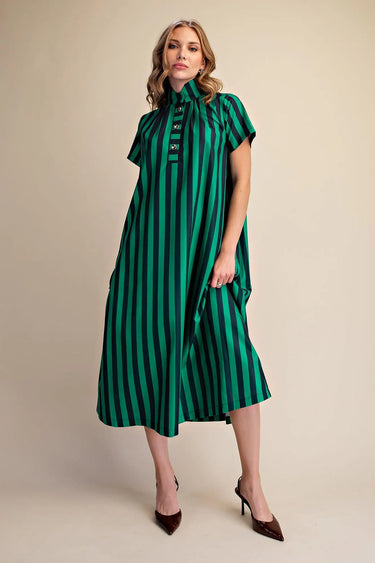 Pierce High Neck Stripe Midi Dress - Navy